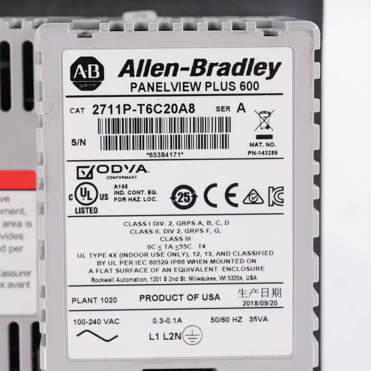 Allen Bradley 2711P-T6C20A8 PanelView Plus 600 Color Touch 100-240VAC