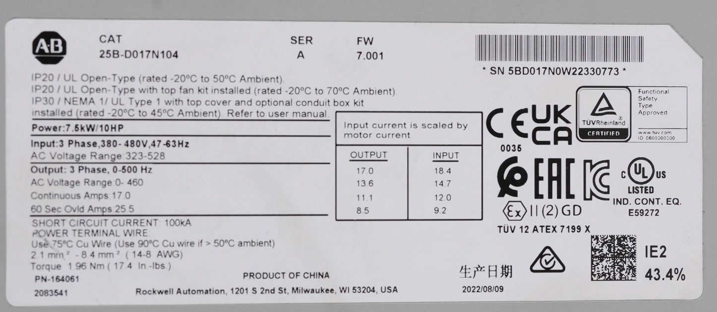Allen Bradley 25B-D017N104 /A PowerFlex 525 480V 3-Phase 17A 7.5kW AC Drive 10hp