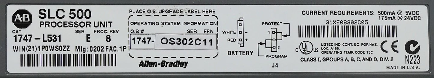 Allen Bradley 1747-L531 SLC 500 /E Rev. 8 1747-OS302 Processor Unit