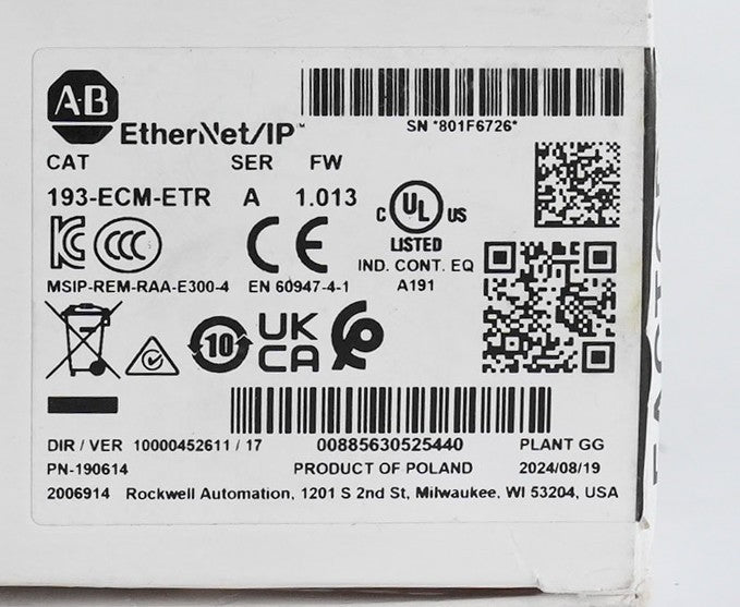 Allen Bradley 193-ECM-ETR /A FW 1.013 Enet/IP Communication Module - Open Box