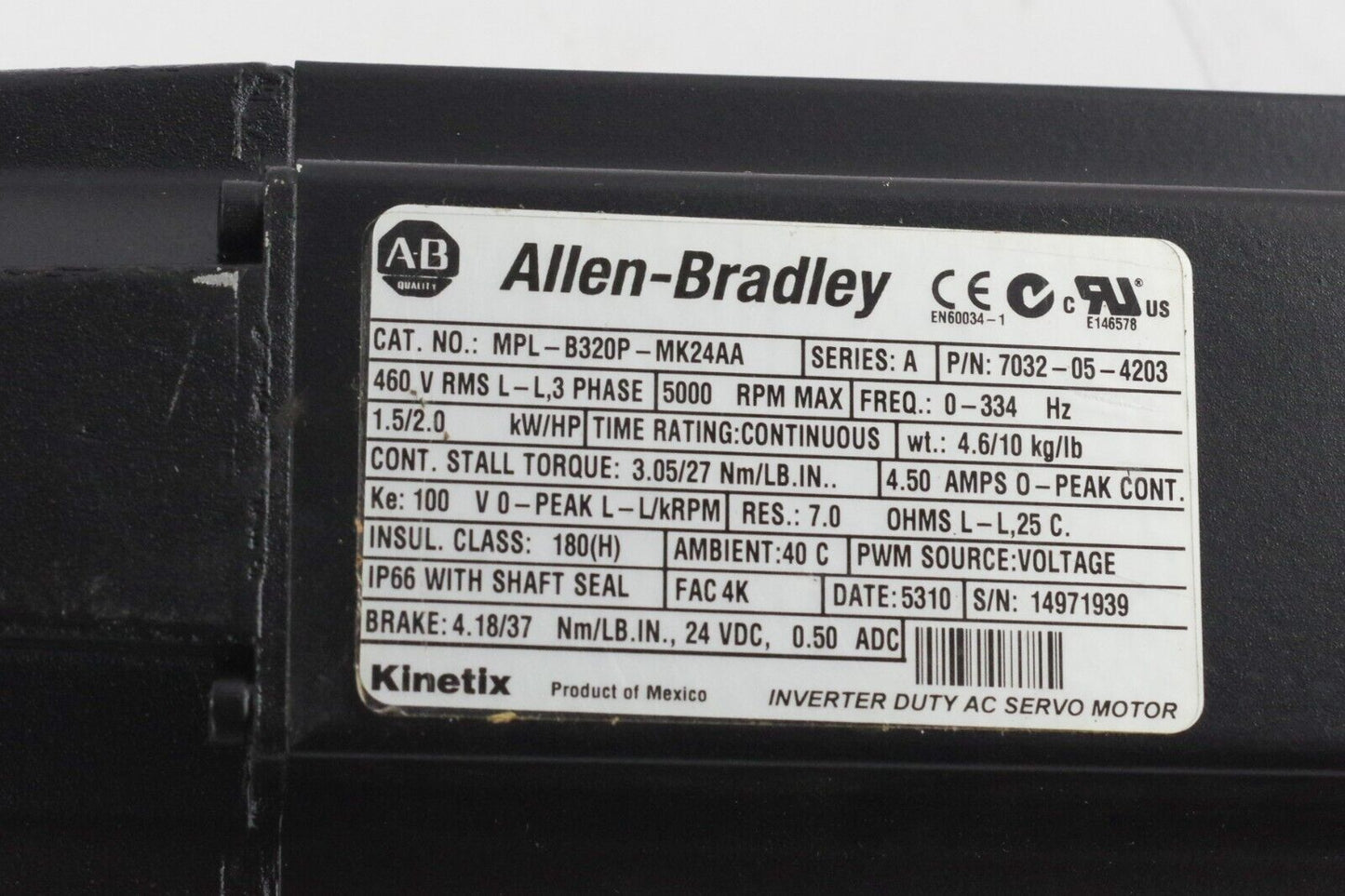 Allen Bradley MPL-B320P-MK24AA Ser A Inverter Duty Servo Motor - No Box