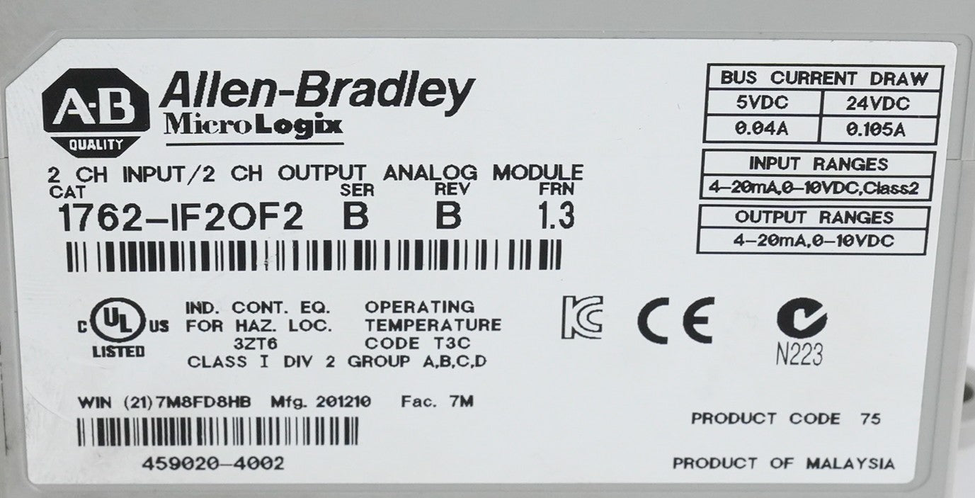 Allen Bradley 1762-IF2OF2 /B Rev B FRN 1.3 Channel Analog I/O Module