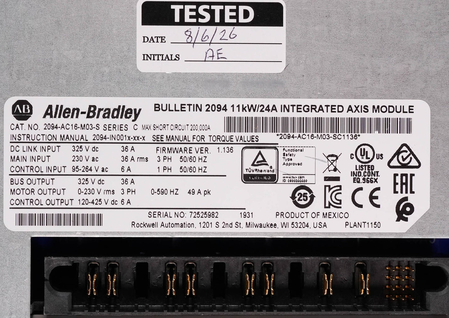 Allen Bradley 2094-AC16-M03-S Ser C Kinetix 6000 IAM 230V 15A 3kW 2094AC16M03S