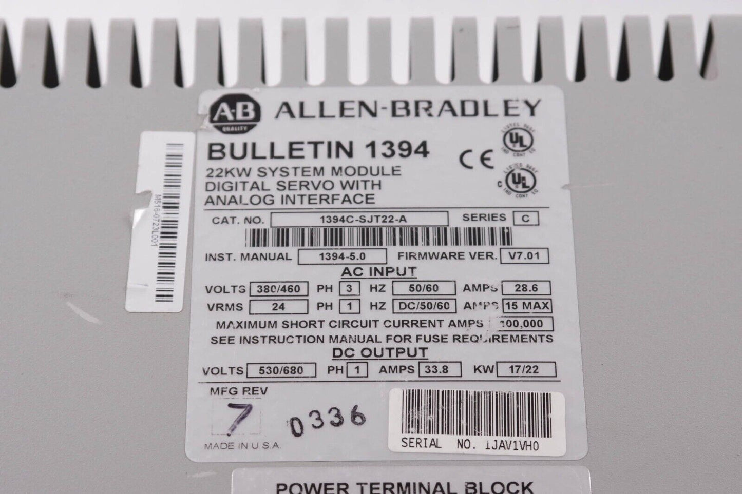 ALLEN BRADLEY 1394C-SJT22-A / 1394CSJT22A Ser C BULLETIN 1394 Servo Drive