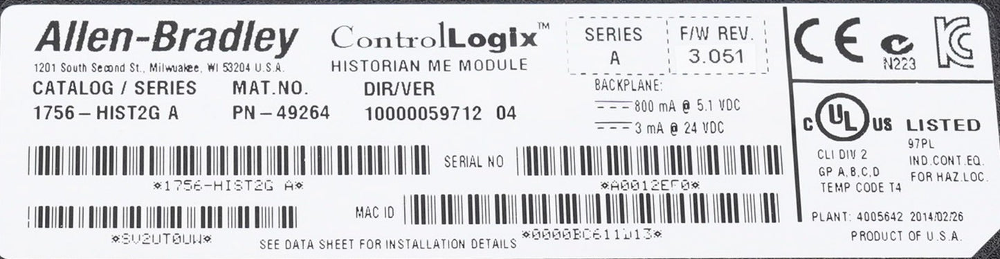 Allen Bradley 1756-HIST2G /A ControlLogix Historian ME Module 1756HIST2G SER A