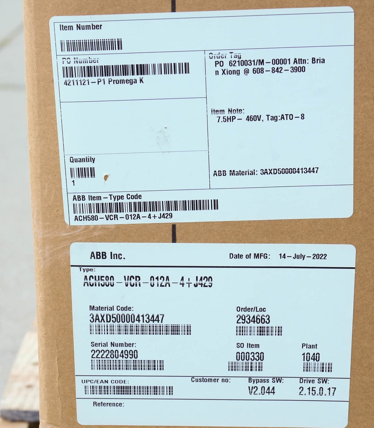 ABB ACH580-VCR-012A-4+J429 E-Clipse Bypass AC Drive 7.5HP 480V ACH580-VCR-012A-4