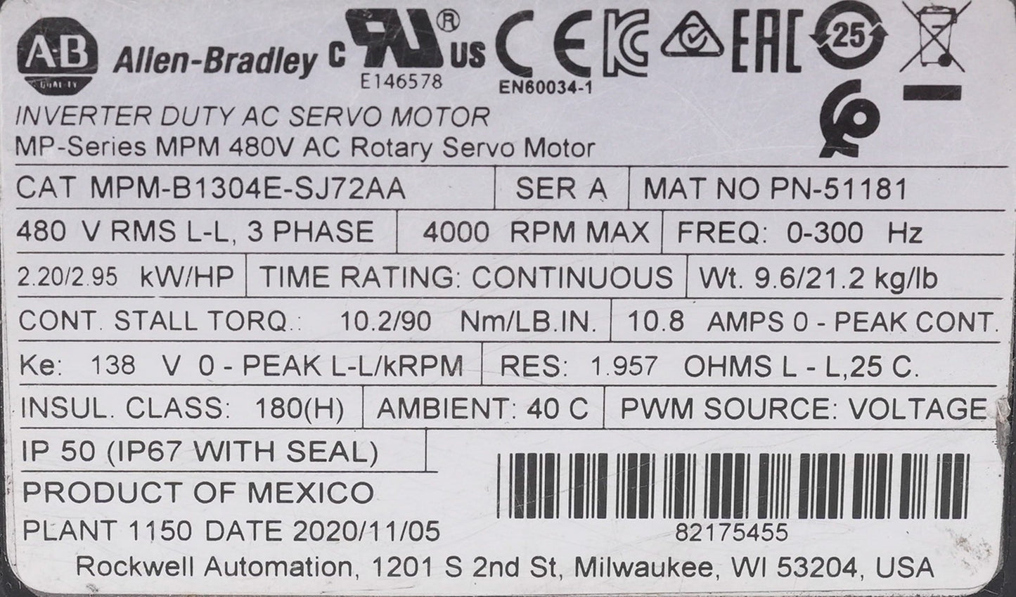 Allen Bradley MPM-B1304E-SJ72AA /A AC Rotary Servo Motor 480V 4000RPM  (Video)