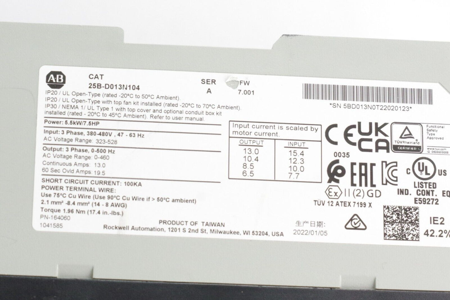 Allen Bradley 25B-D013N104 Ser A FW 7.001 Powerflex 525 AC Drive 3-Phase