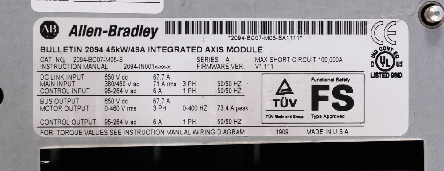 Allen Bradley 2094-BC07-M05-S /A Kinetix 6000 Integrated Axis Module 45kW/49A