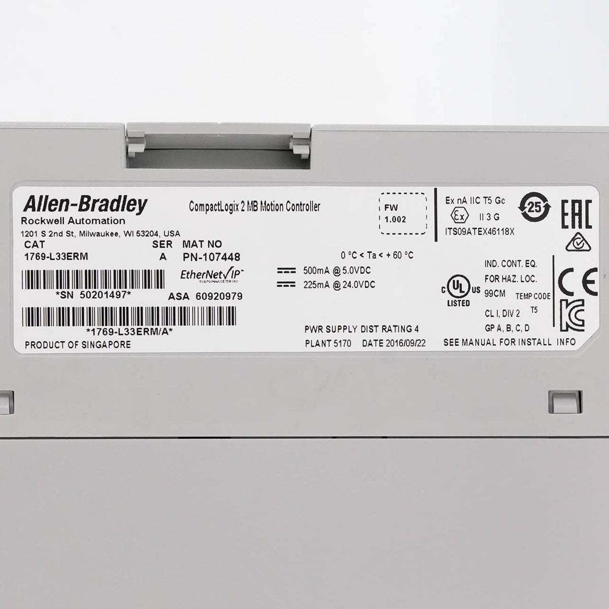 Allen Bradley 1769-L33ERM Ser A CompactLogix 5370 L3 Controller 2MB 1769L33ERM