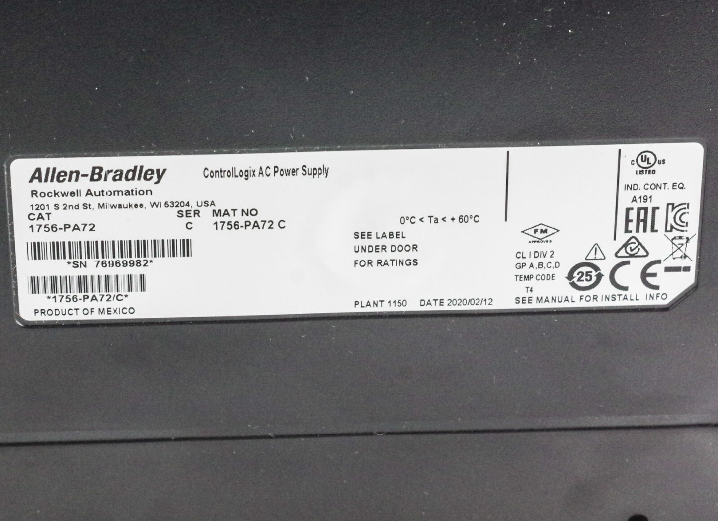 Allen Bradley 1756-PA72 /C PLC ControlLogix AC Power Supply Module - No Box