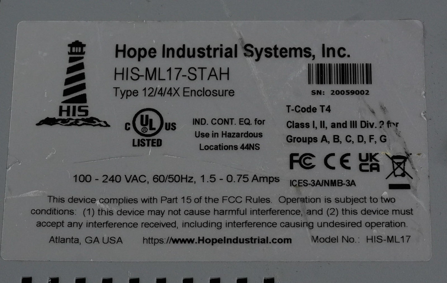 Hope Industrial Systems HIS-ML17-STAH Display Terminal Type 12/4/4X Enclosure