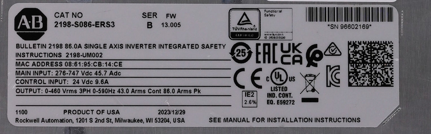 Allen Bradley 2198-S086-ERS3 /B Kinetix 5700 1-Axis 43A 30kW Servo Drive Module