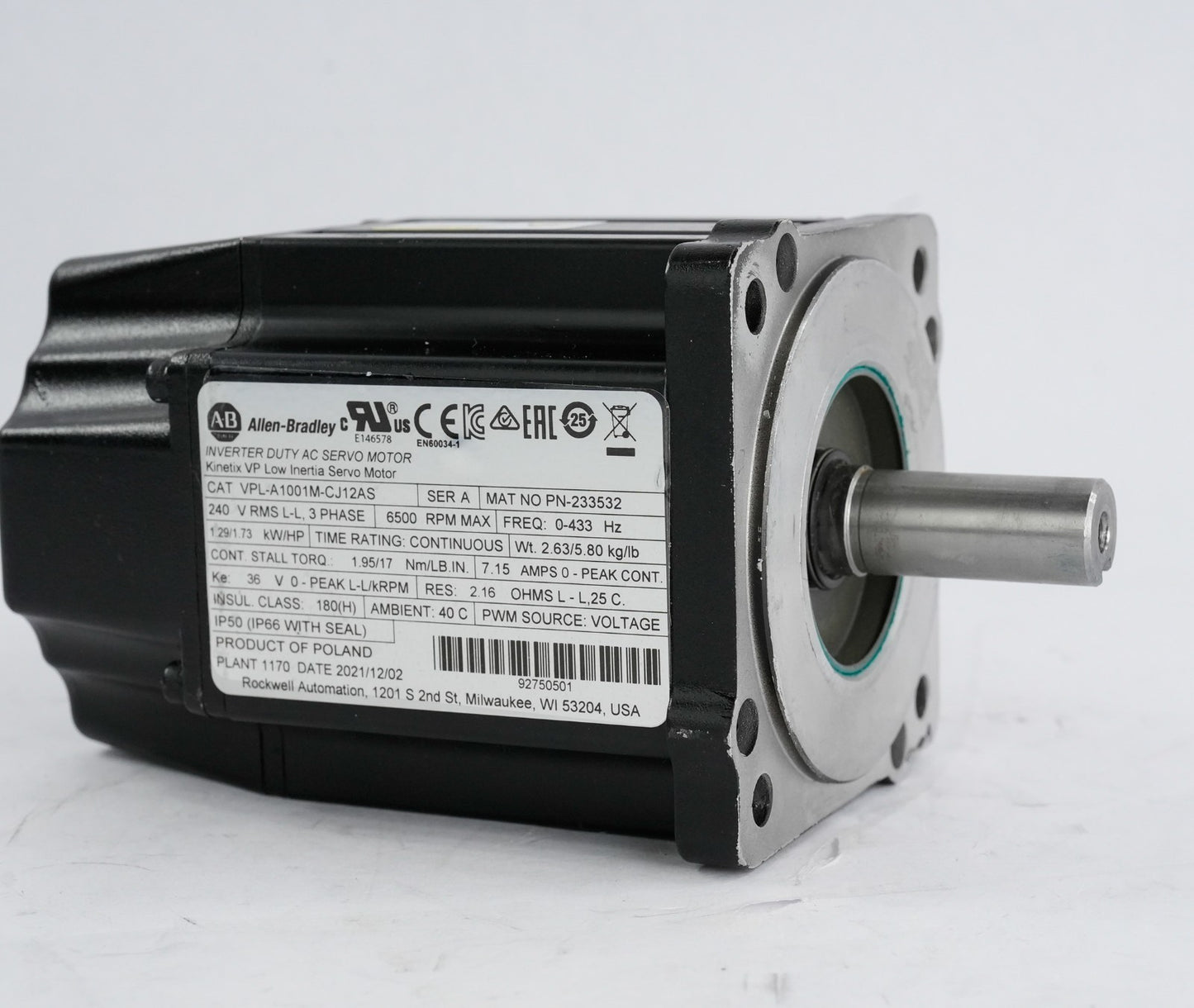 Allen Bradley VPL-A1001M-CJ12AS /A Inverter Duty AC Servo Motor Low Intertia