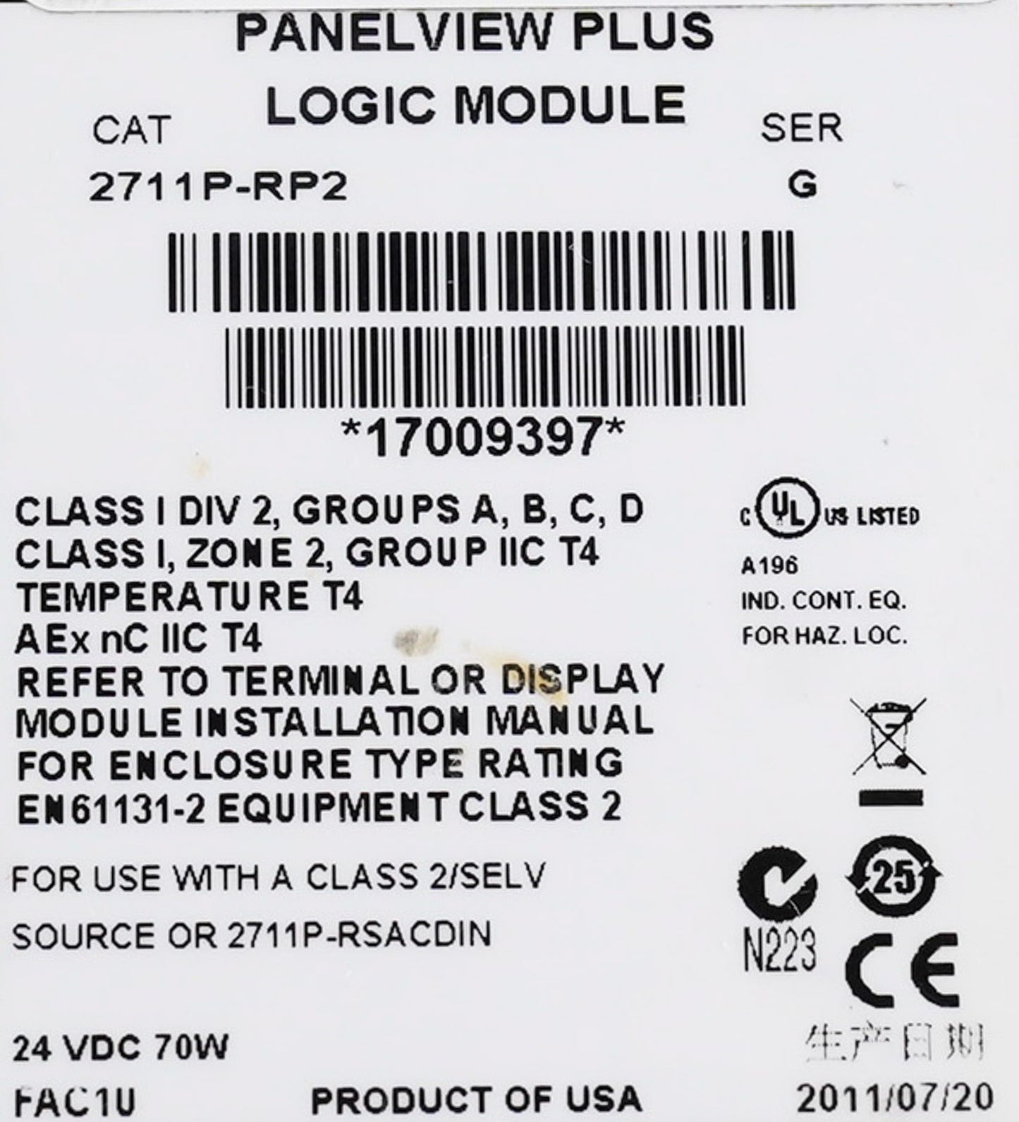 Allen Bradley 2711P-RP2 /G PanelView Plus Logic Module 2711PRP2 Series G