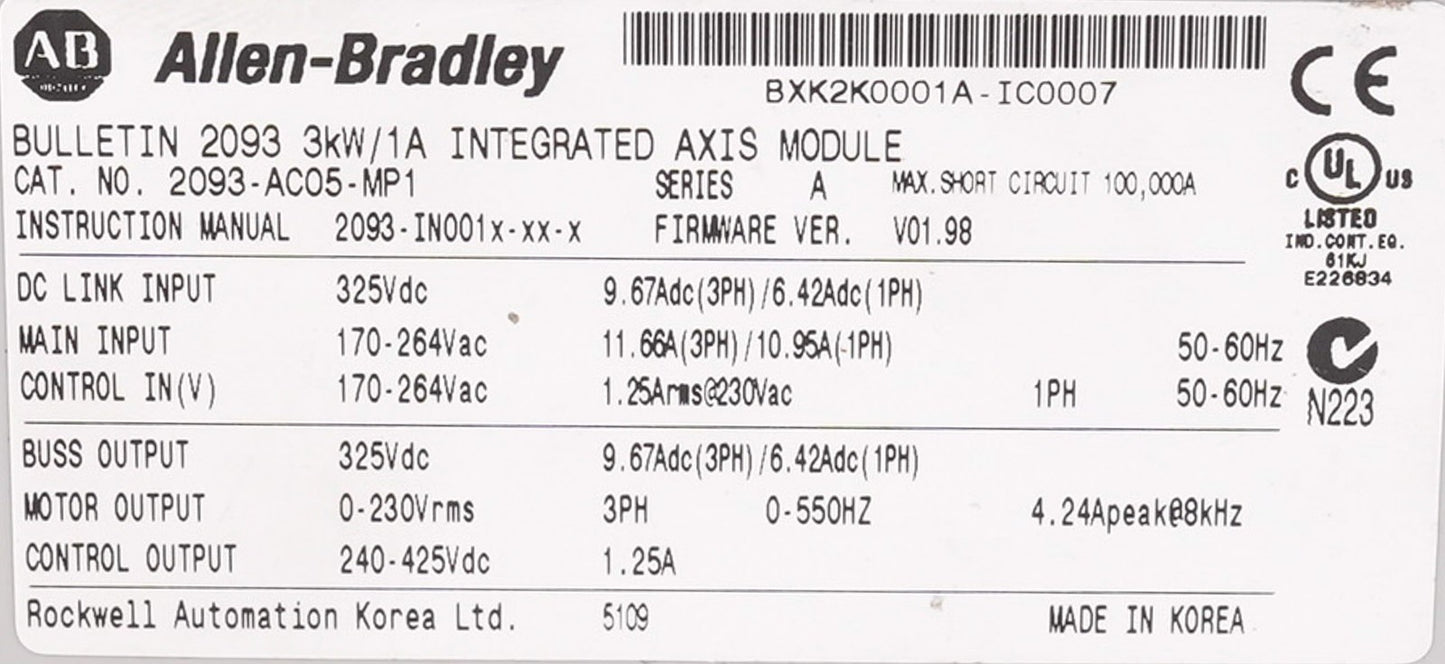 Allen Bradley 2093-AC05-MP1 /A Kinetix 2000 Integrated Axis Module 2093AC05MP1