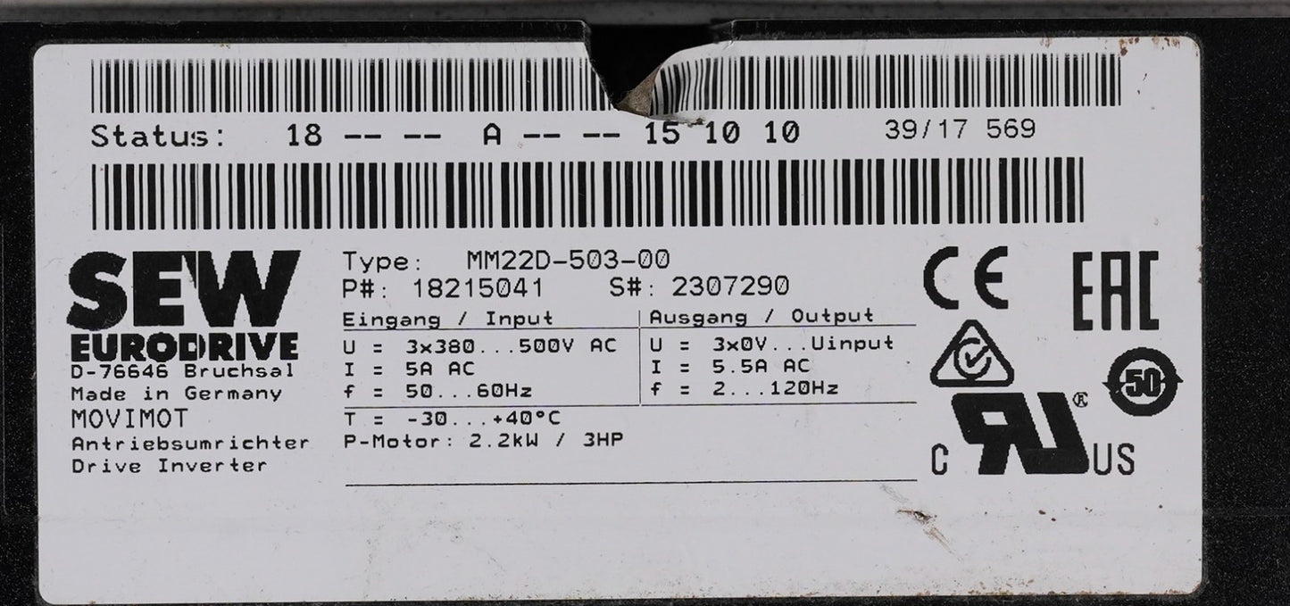 SEW Eurodrive MM22D-503-00 18215041 500VAC 5A 50/60Hz MM22D50300