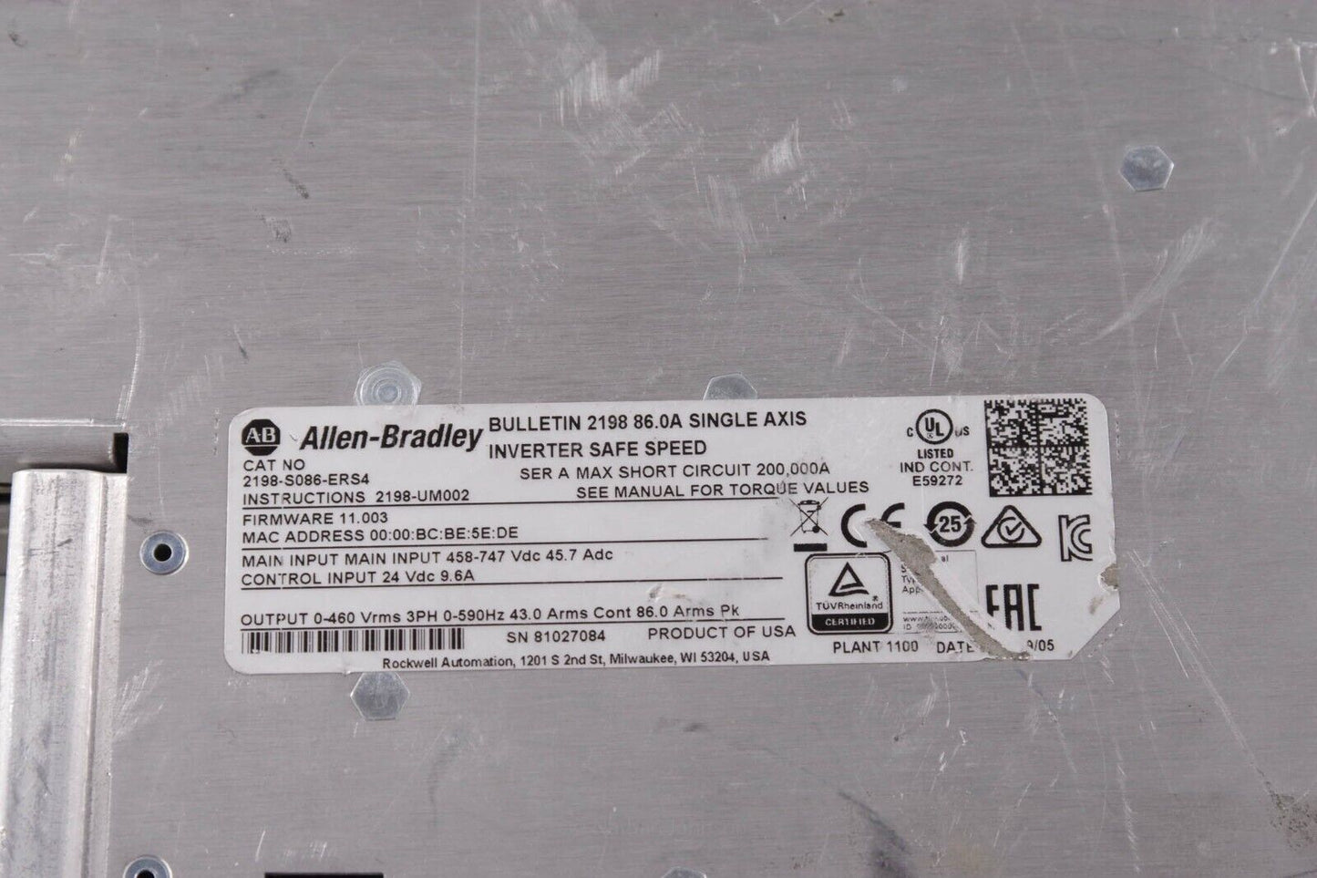 ALLEN BRADLEY 2198-S086-ERS4 Ser A Kinetix 5700 Inverter Servo Drive +1 Year Wty