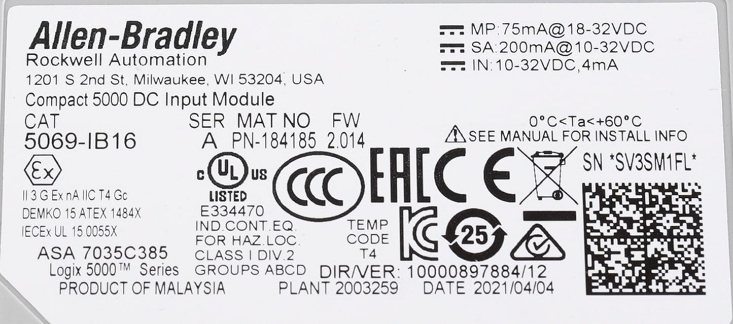 Allen Bradley 5069-IB16 /A Compact 5000 16-Point DC Input Module 5069IB16