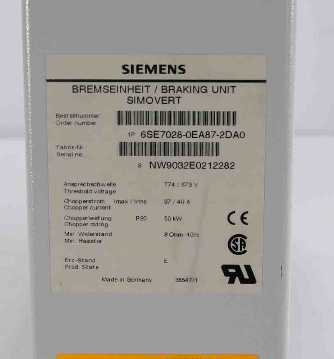 Siemens 6SE7028-0EA87-2DA0 Simovert Frequency Converter Braking Unit
