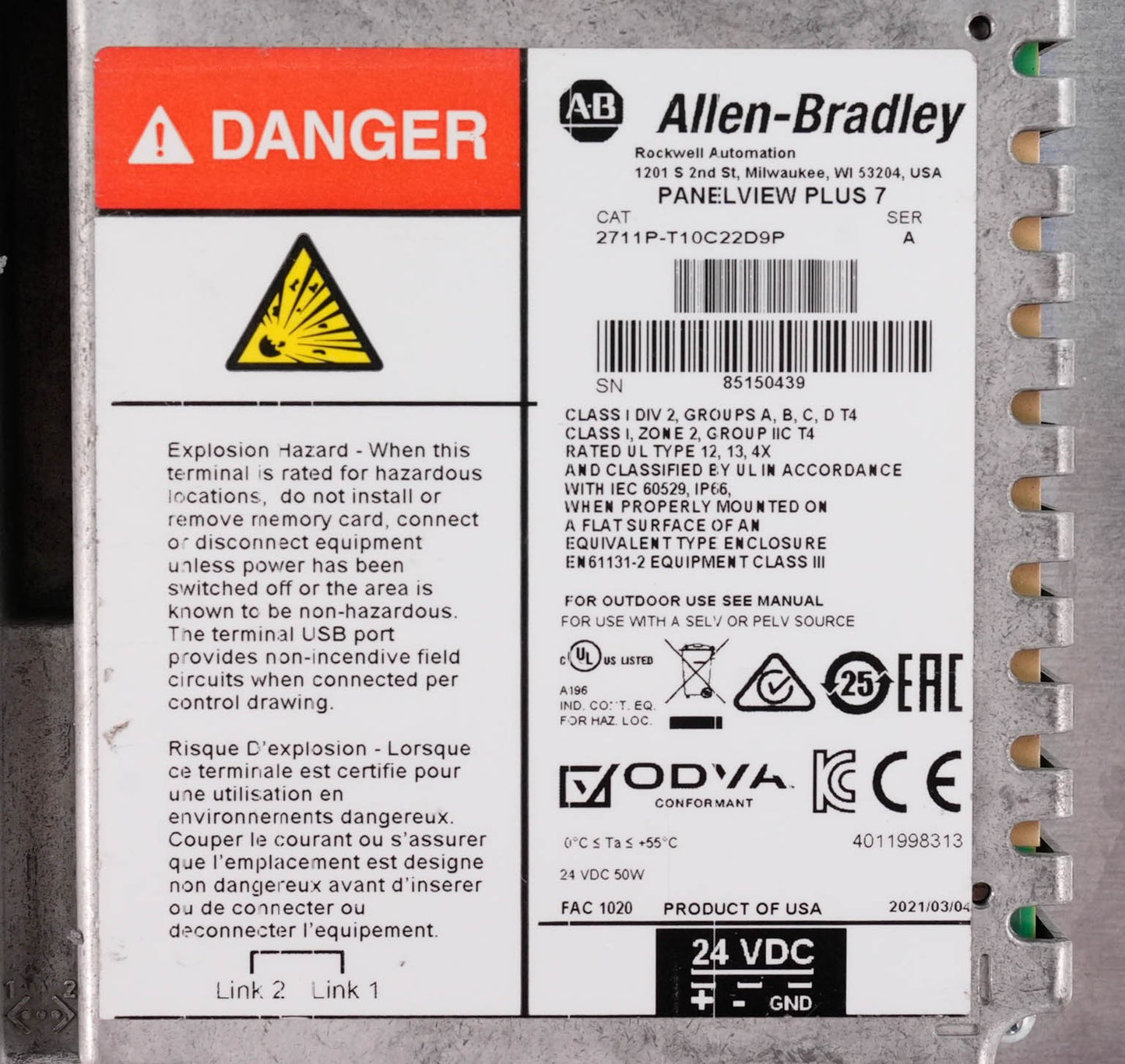 Allen Bradley 2711P-T10C22D9P Ser A PanelView Plus 7 10.4in Touch 24VDC