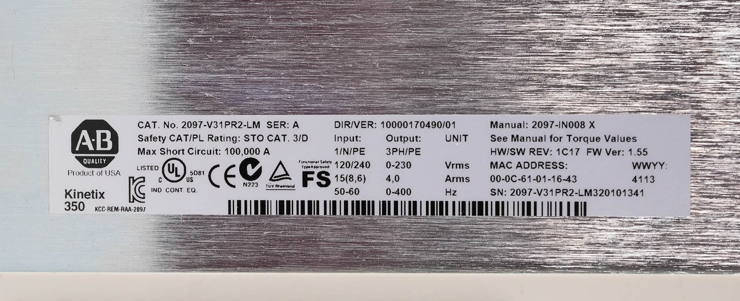 Allen Bradley 2097-V31PR2-LM /A Kinetix 350 Servo Drive 120/240V 2A 2097V31PR2LM