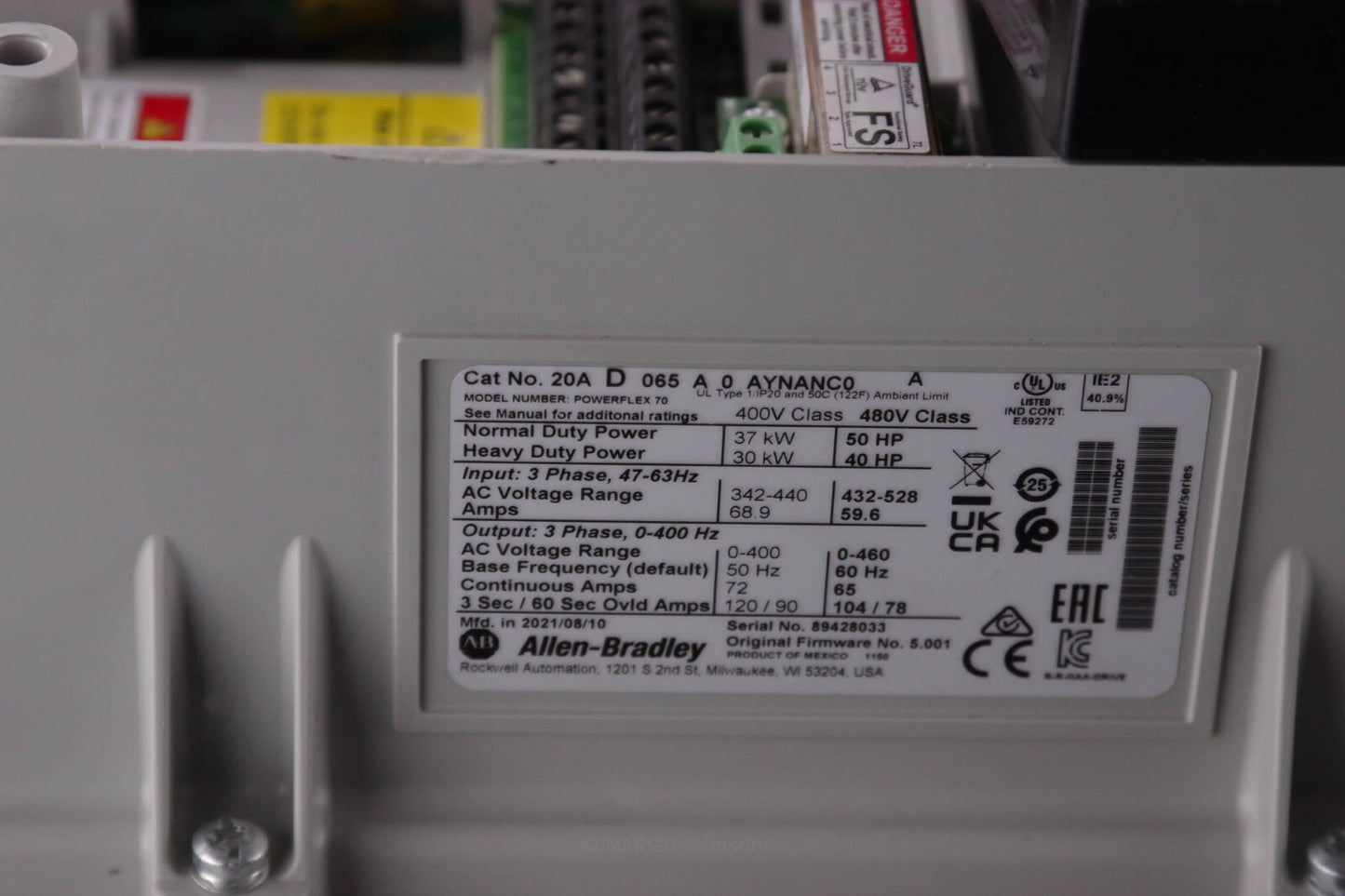 2021 Allen Bradley 20AD065A0AYNANC0 /A PowerFlex 70 AC Drive 50hp Refurbished