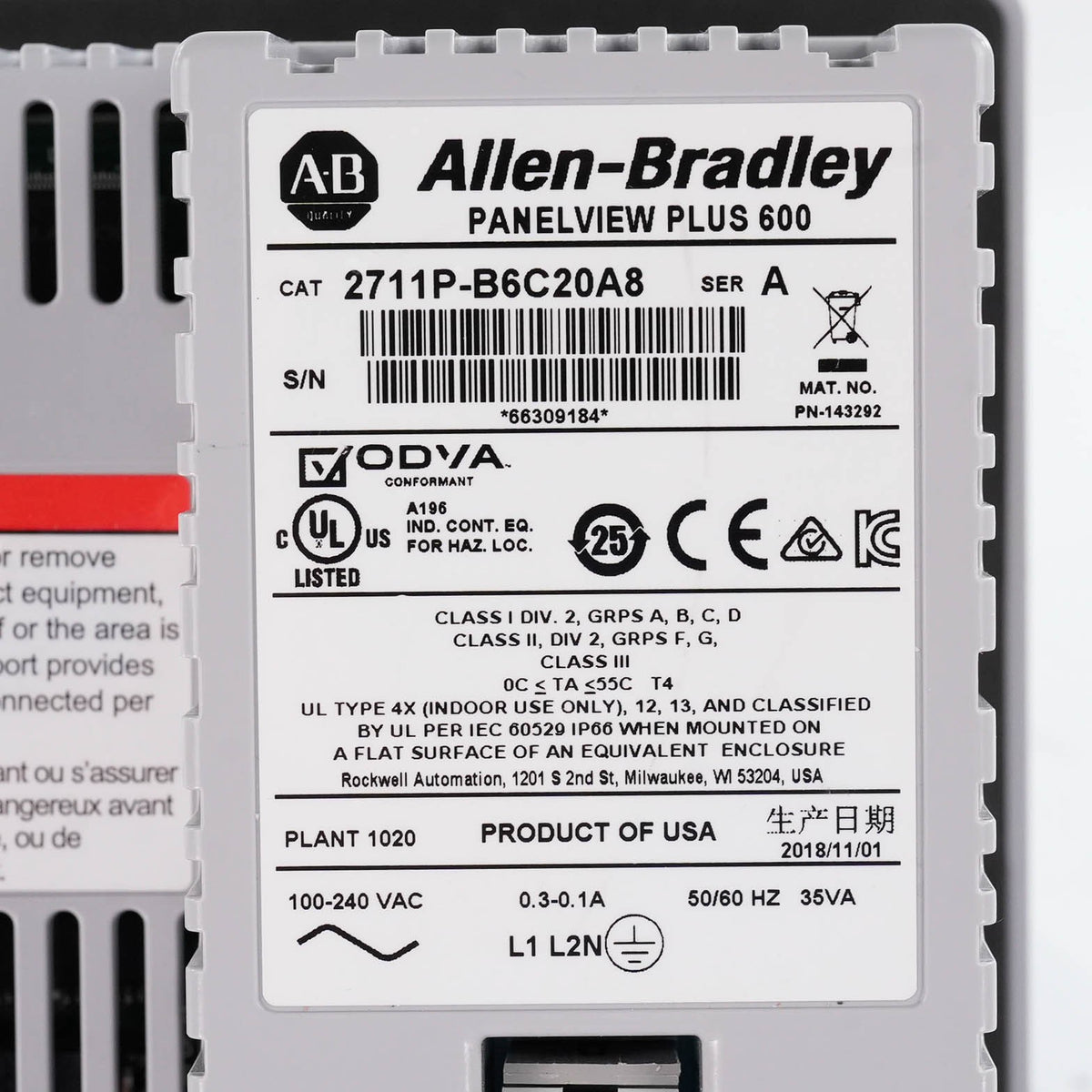 Allen Bradley 2711P-B6C20A8 Ser A PanelView Plus 600 Color HMI 100-240 VAC