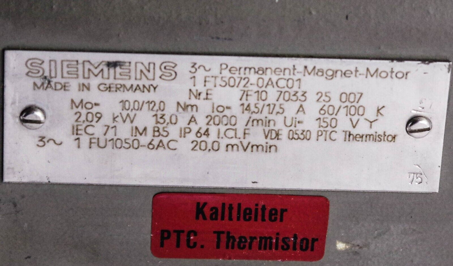 Siemens 1FT5072-0AC01 / 1FT50720AC01 Permanent Magnet Motor  FT5072-0AC01