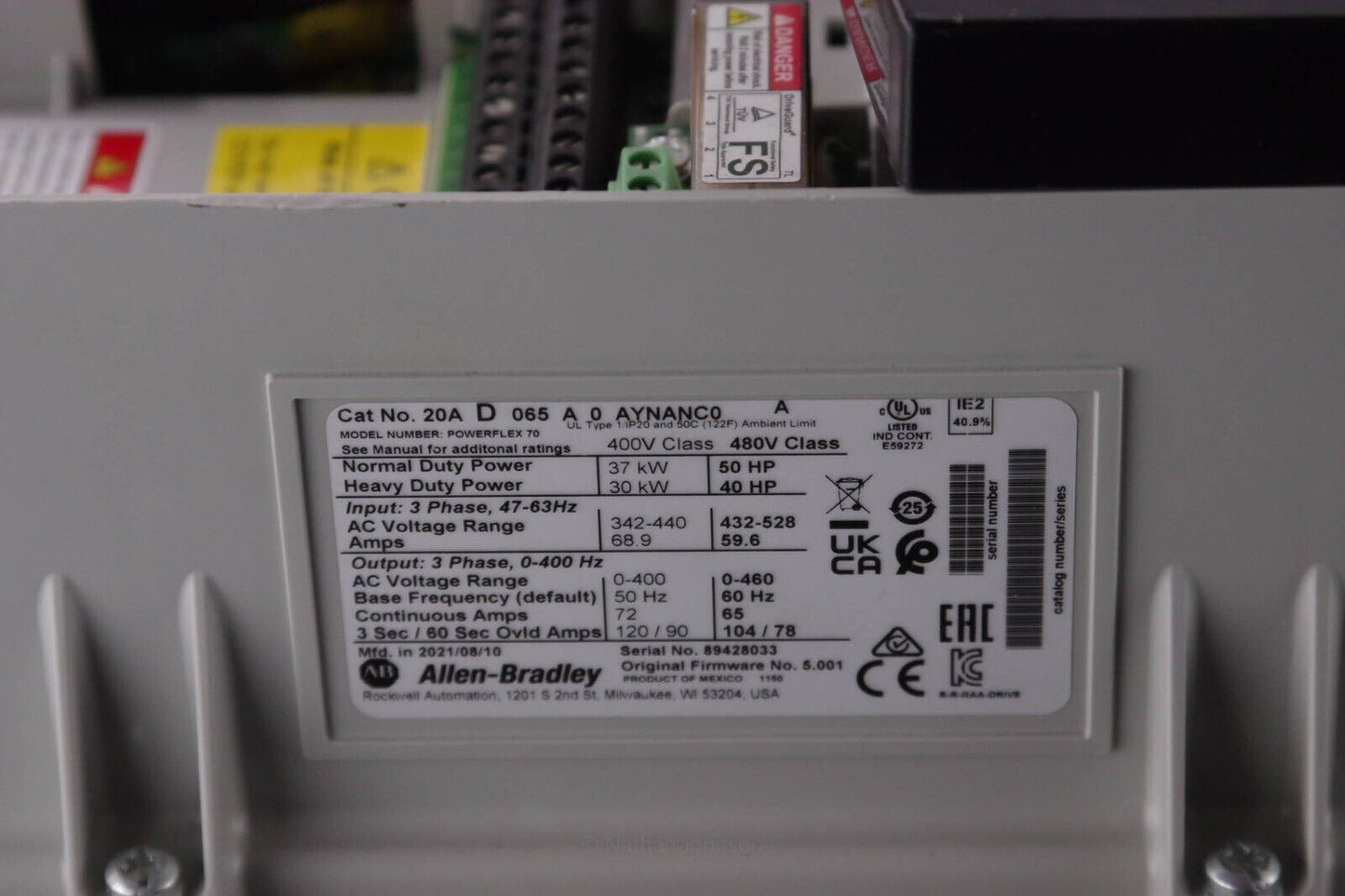 2021 Allen Bradley 20AD065A0AYNANC0 /A PowerFlex 70 AC Drive 50hp