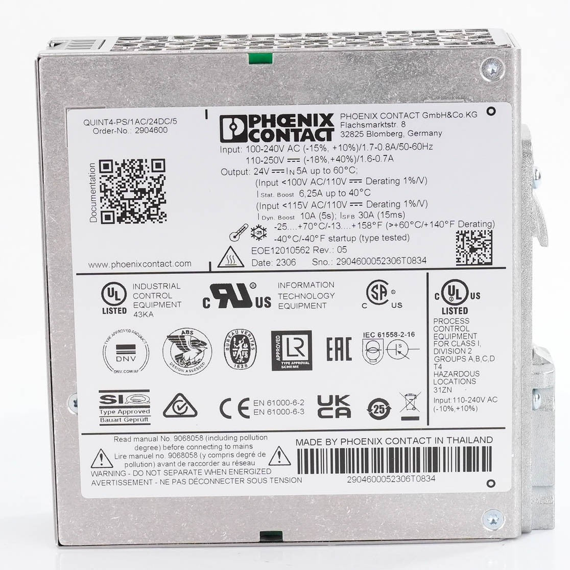 Phoenix Contact 2904600 Quint4-PS/1AC/24DC/20 Power Supply 24VDC 20A 2904600