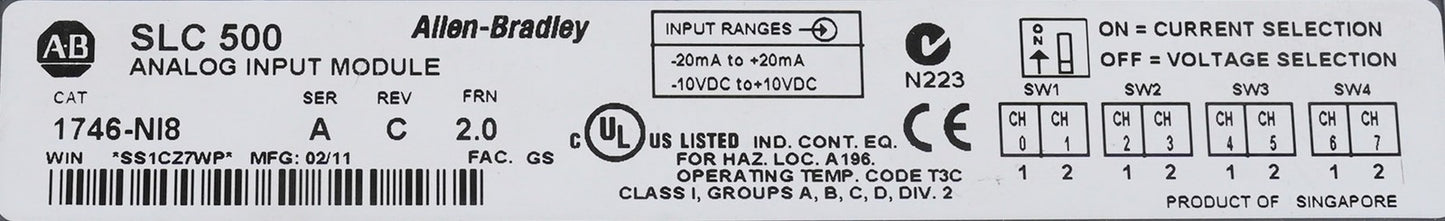Allen Bradley 1746-NI8 /A Rev C SLC 500 Analog Input Module 1746NI8