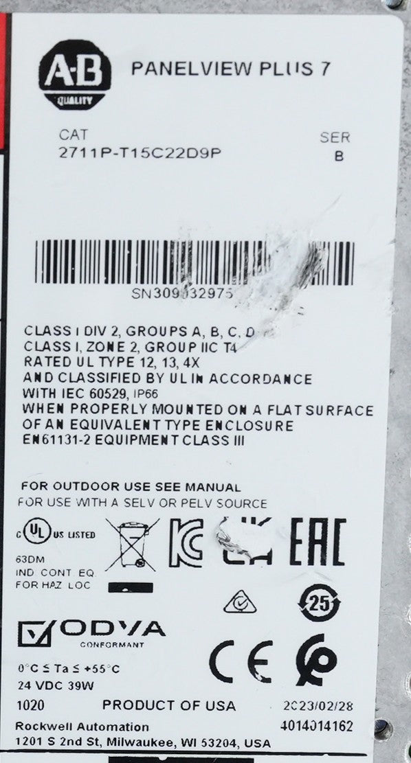 Allen Bradley 2711P-T15C22D9P /B PanelView Plus 7 15" - 0 Runtime / Blemished