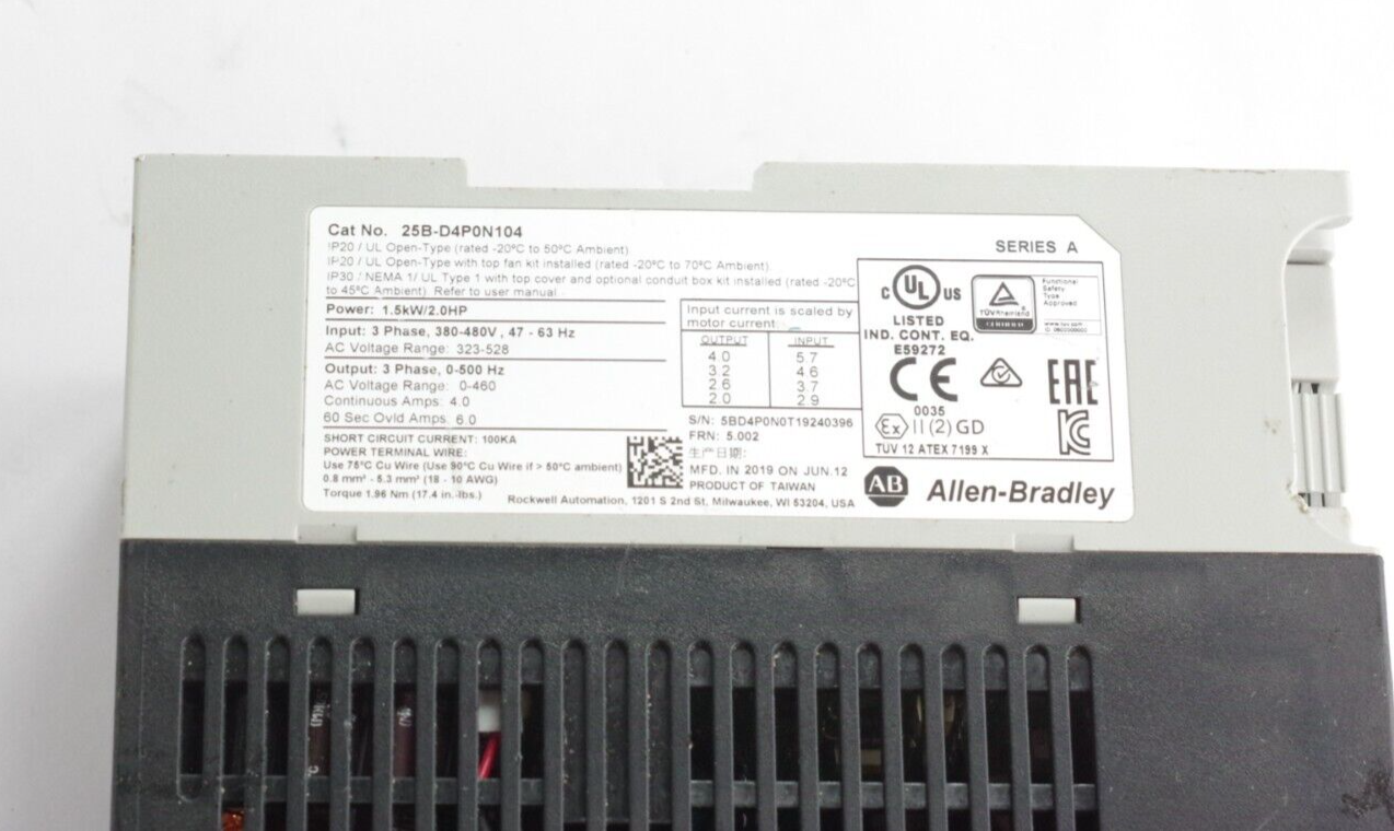 Allen Bradley 25B-D4P0N104 PowerFlex 525 Adjustable Frequency AC Drive 2 HP 480V