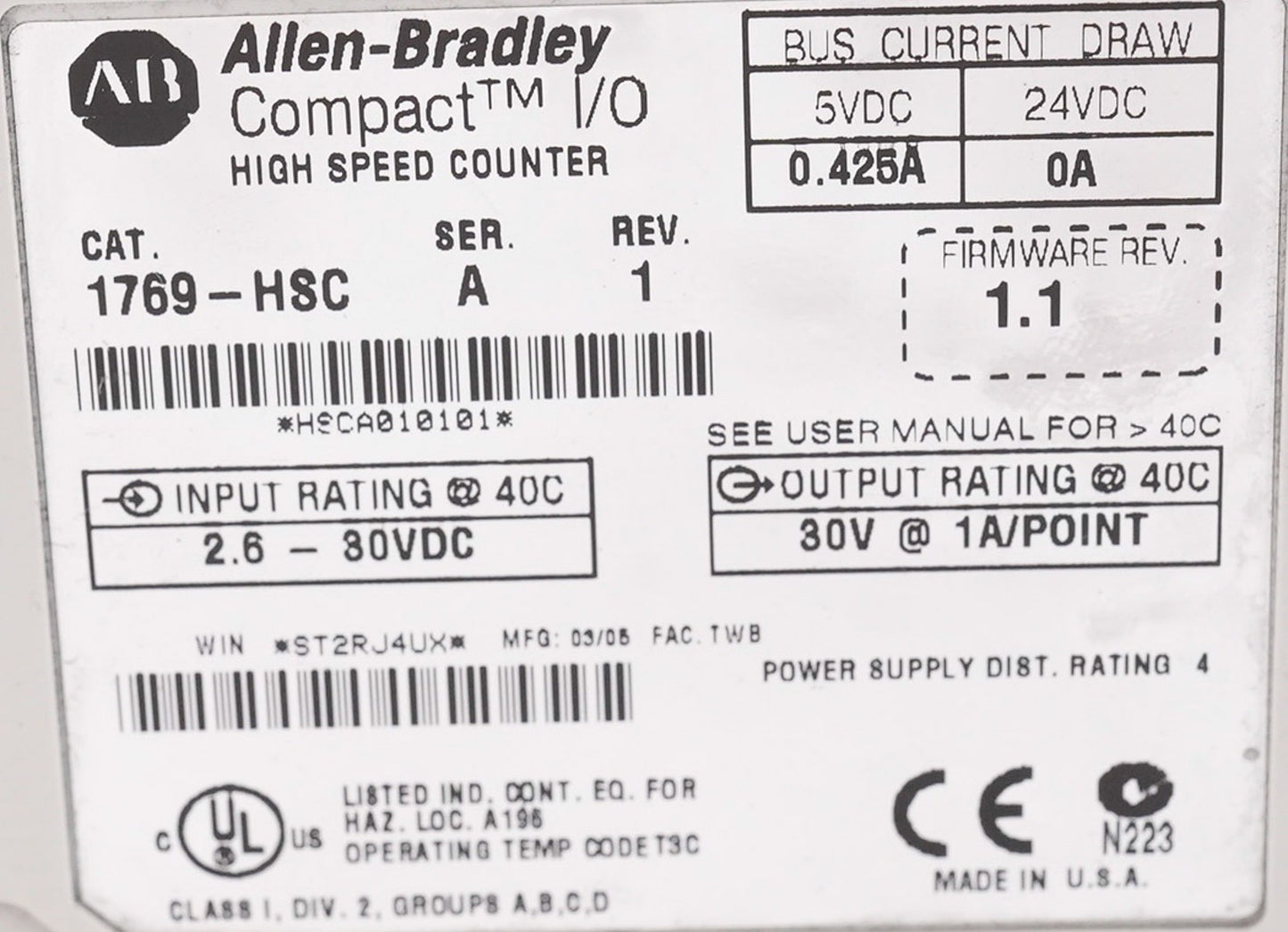 Allen Bradley 1761-HSC /A MicroLogix High Speed Counter Module 1761HSC