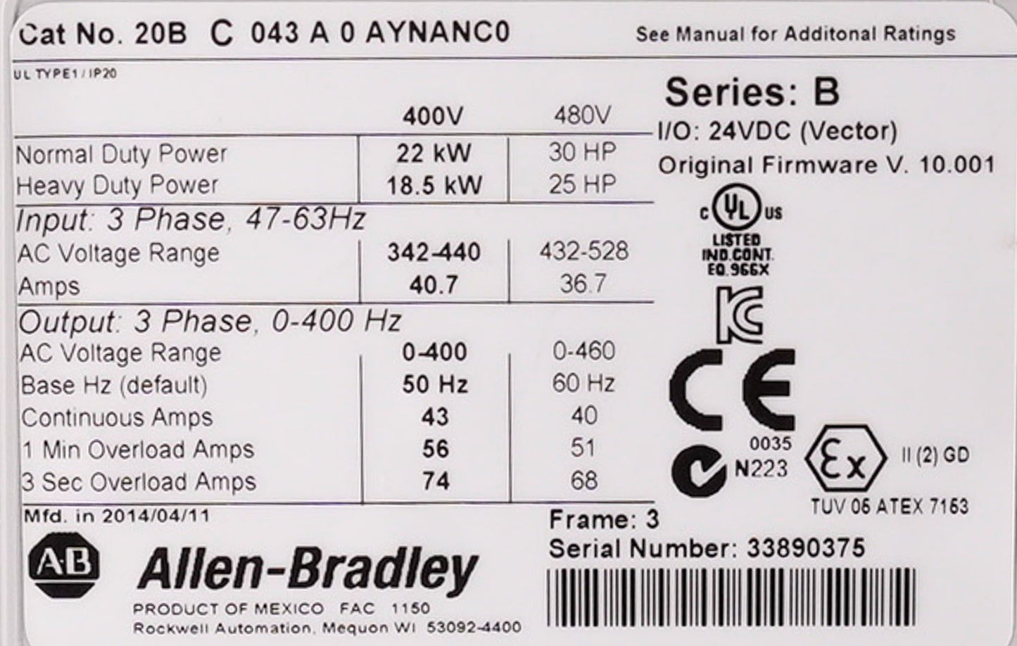 Allen Bradley 20BC043A0AYNANC0 /B PowerFlex 700 AC Drive 400V 30HP 3-Phase