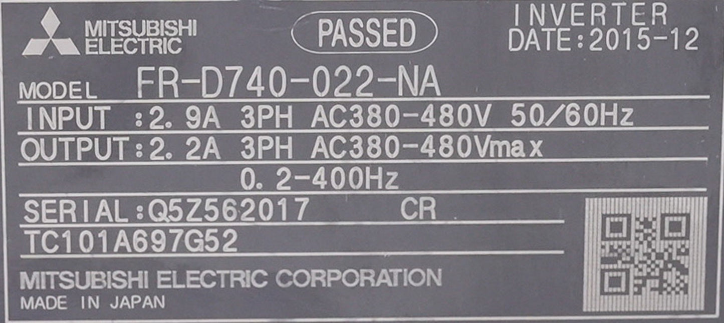 Mitsubishi Electric FR-D740-022-NA Inverter 3-Phase 380-480V FRD740022NA