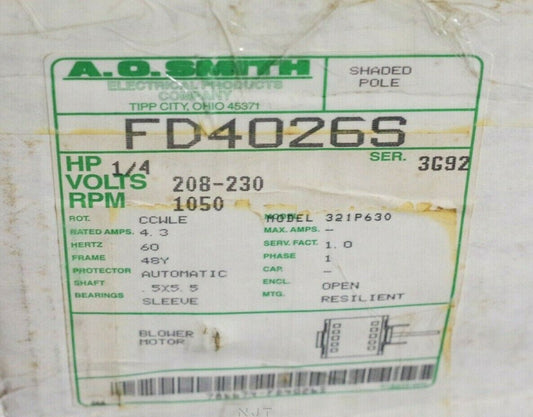 A.O. SMITH FSP4026S 1/4 HP PSC MOTOR 1050 RPM 230 VAC FD4026S 5.6" 321P630