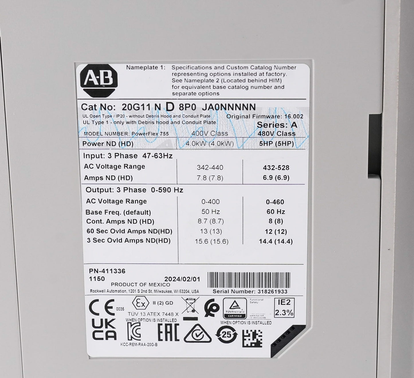 Allen Bradley 20G11ND8P0JA0NNNNN /A PowerFlex 755 AC Drive 480V 5HP 3-Phase