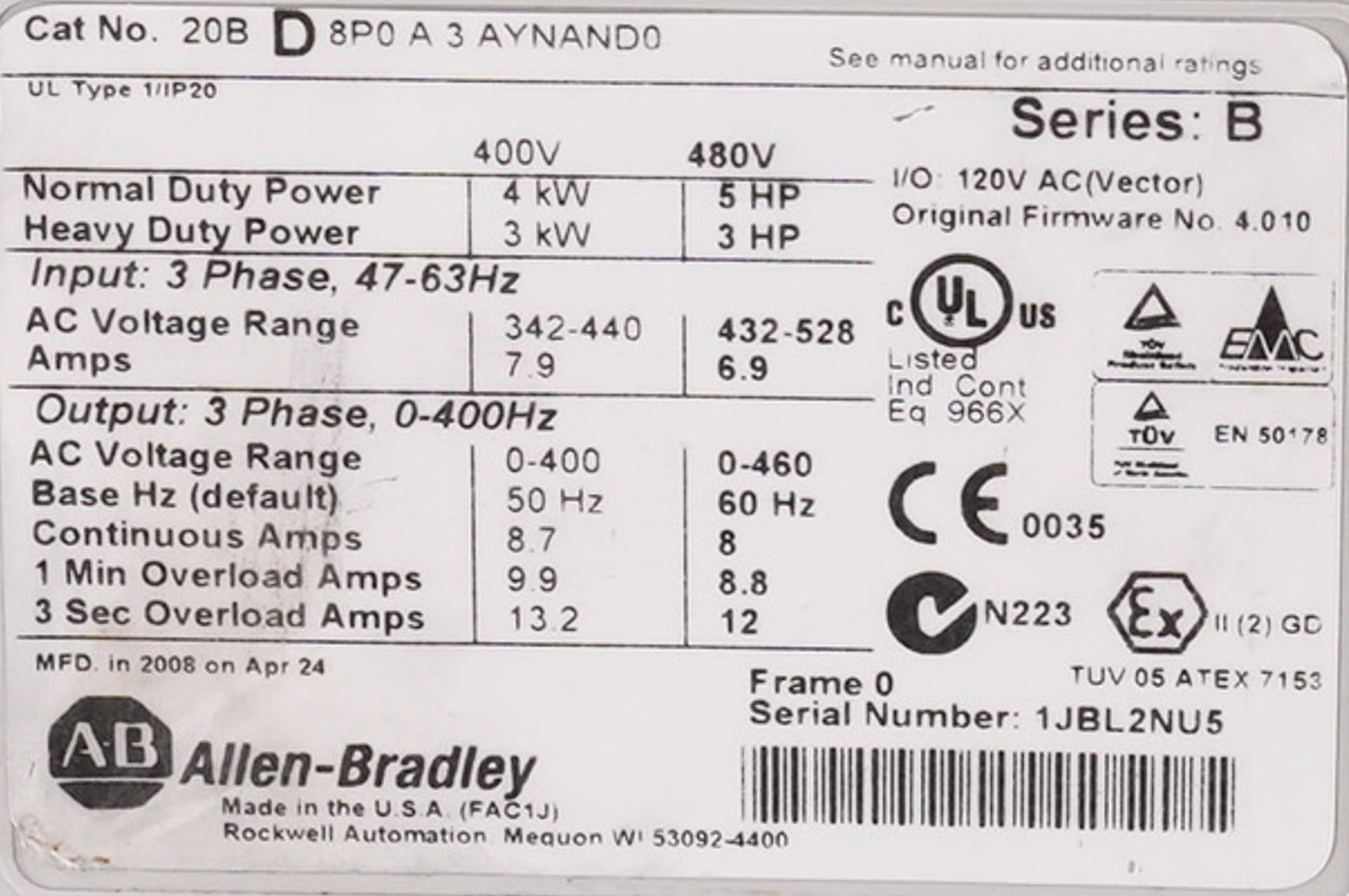 Allen Bradley 20BD8P0A3AYNAND0 /B PowerFlex 700 AC Drive 480V 8A 5HP 3-Phase