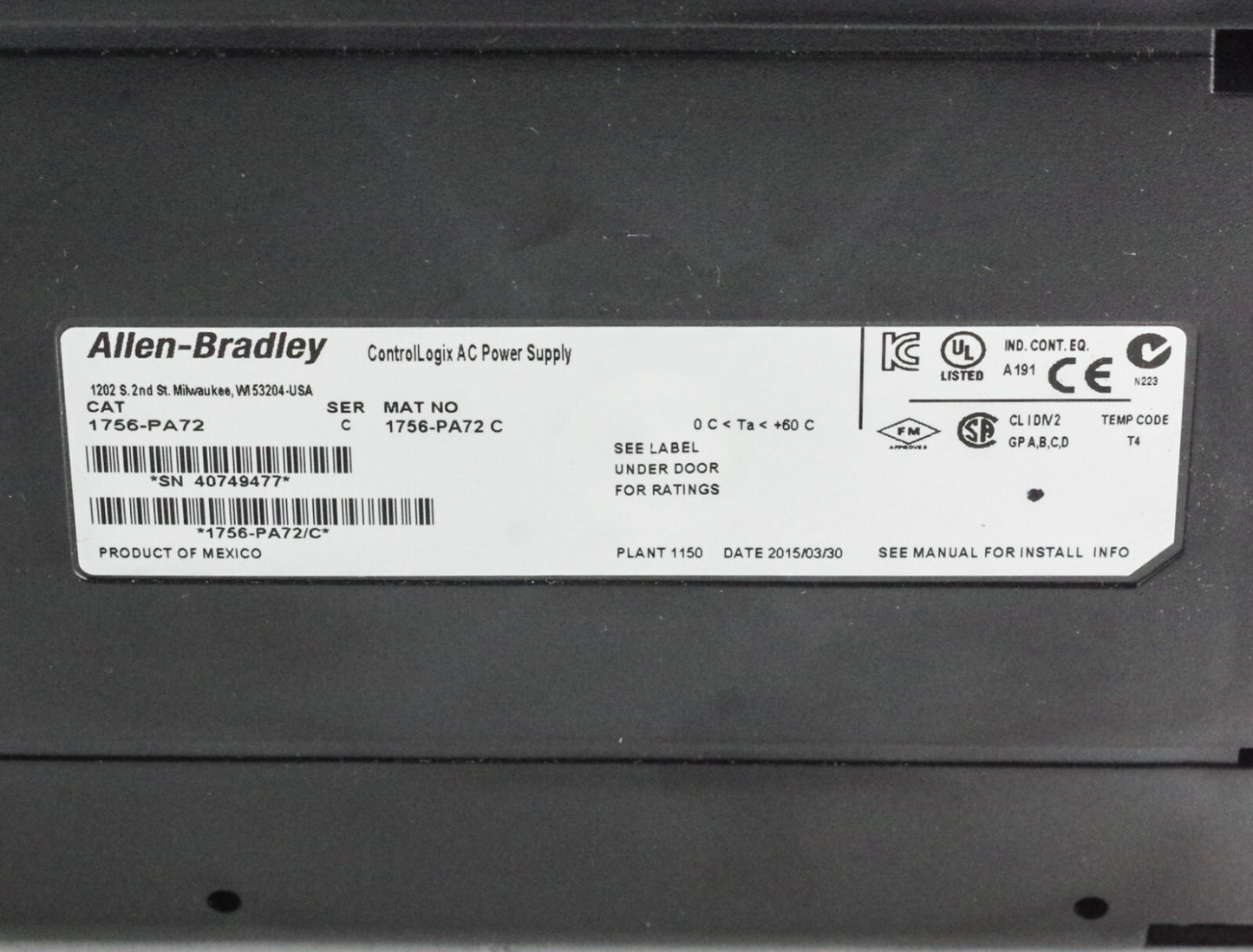 Allen Bradley 1756-PA72 /C PLC ControlLogix AC Power Supply Module - Installed