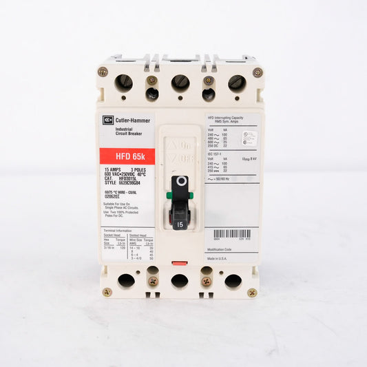 Eaton Cutler-Hammer HFD3015L Circuit Breaker 3 Pole 15A 600V HFD 65k