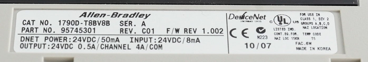 Allen Bradley 1790D-T8BV8B /A Compact Block LDX REV. C01 24VDC 0.5A