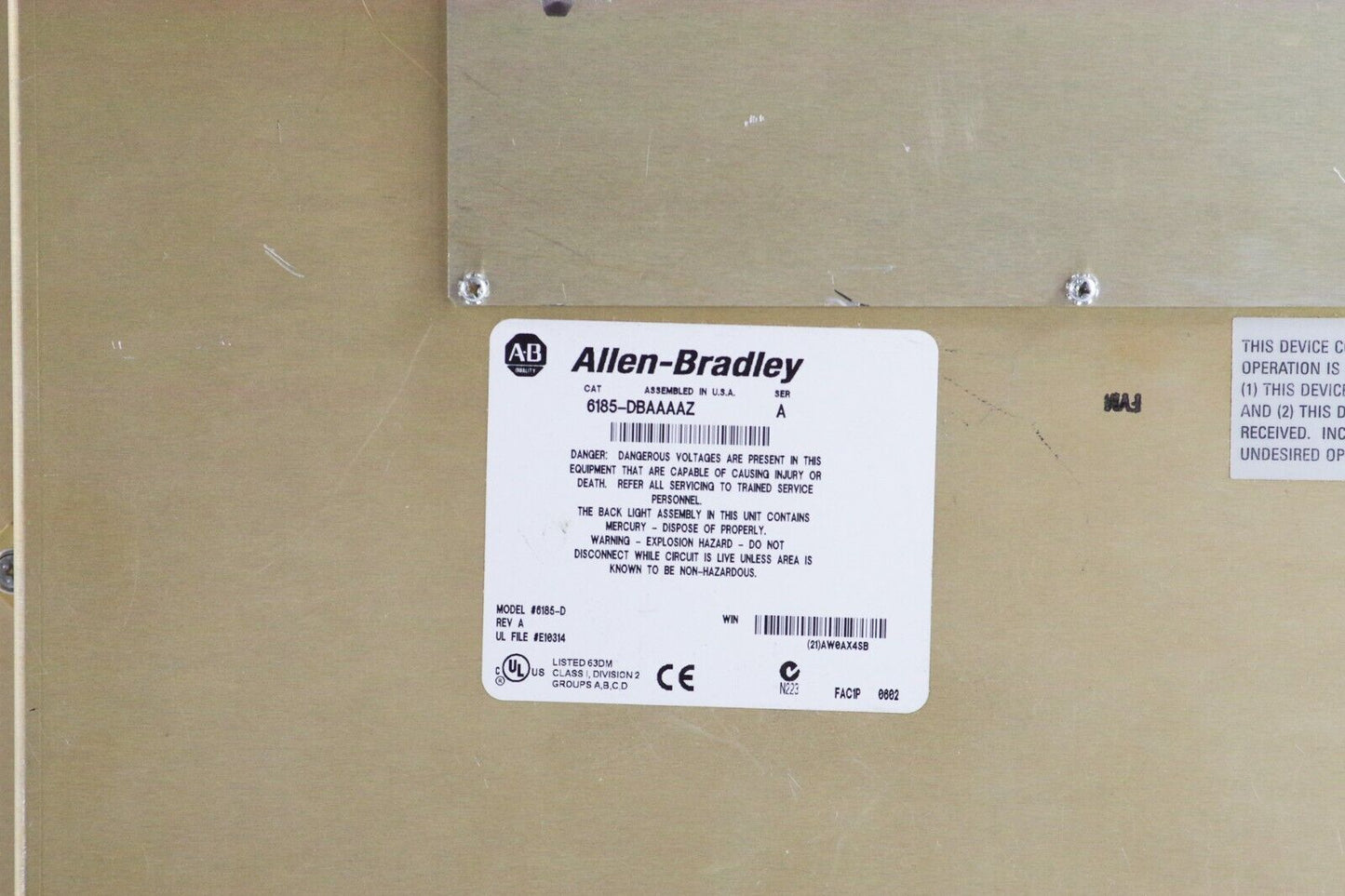 Allen Bradley 6185-DBAAAAZ Stainless HMI Display Panel 6185-D Ser A Rev A