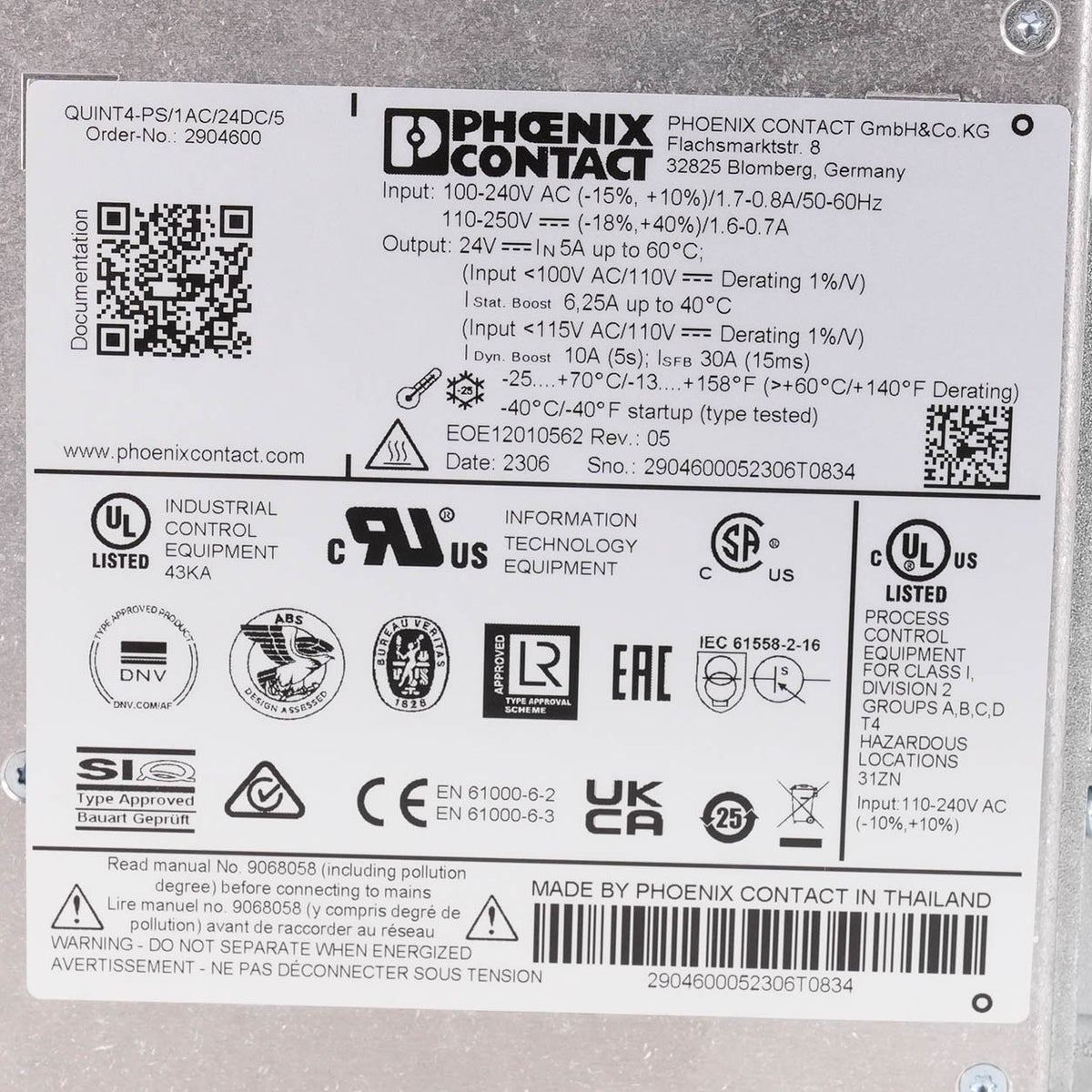 Phoenix Contact 2904600 Quint4-PS/1AC/24DC/20 Power Supply 24VDC 20A 2904600