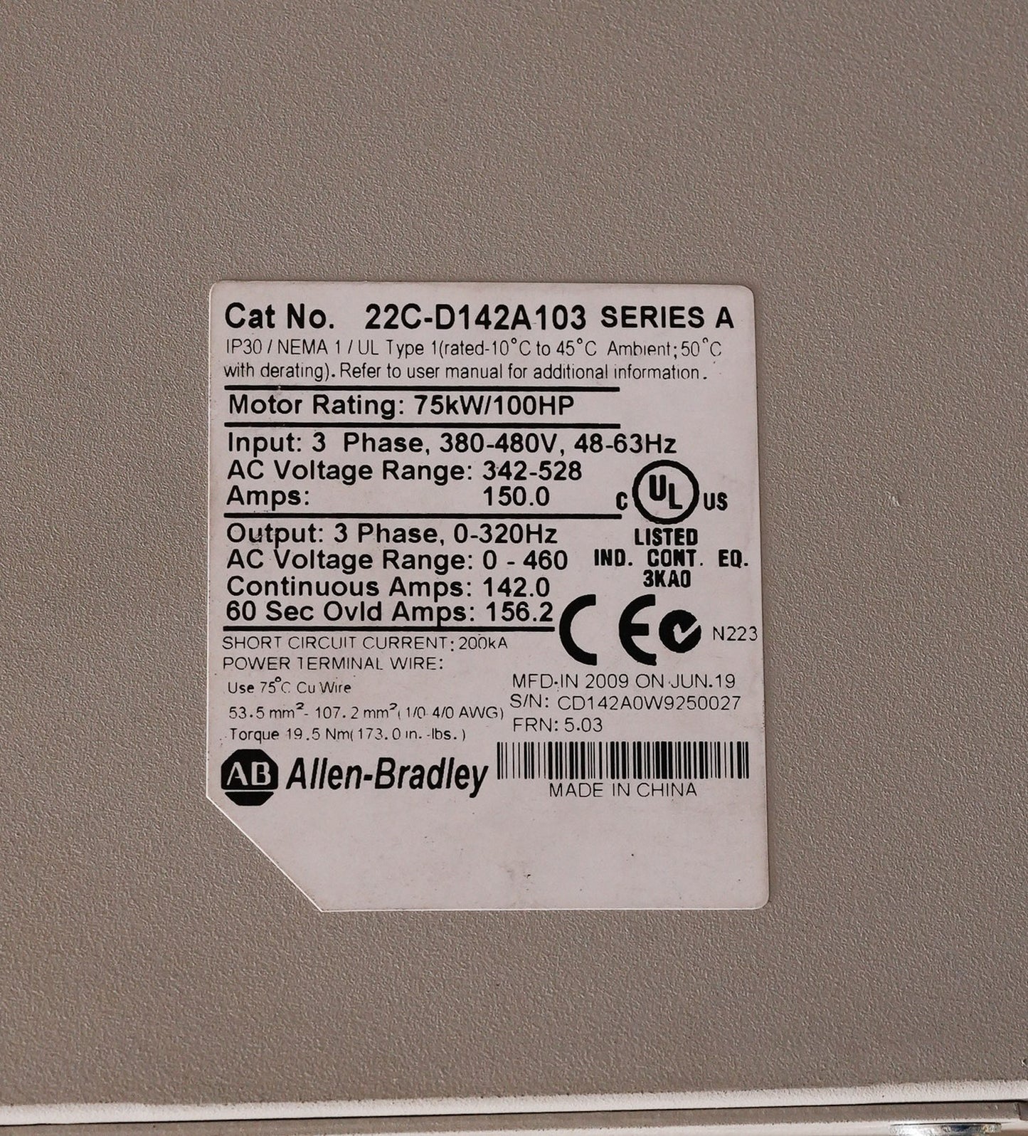 Allen Bradley 22C-D142A103 /A PowerFlex 400 AC Drive 480V 100HP + 1YR Warranty
