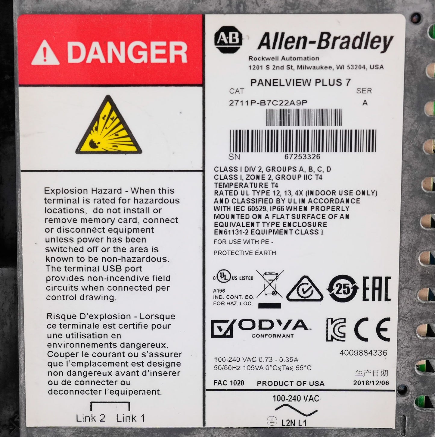 Allen Bradley 2711P-B7C22A9P /A PanelView Plus 7 Display Terminal 2711PB7C22A9P