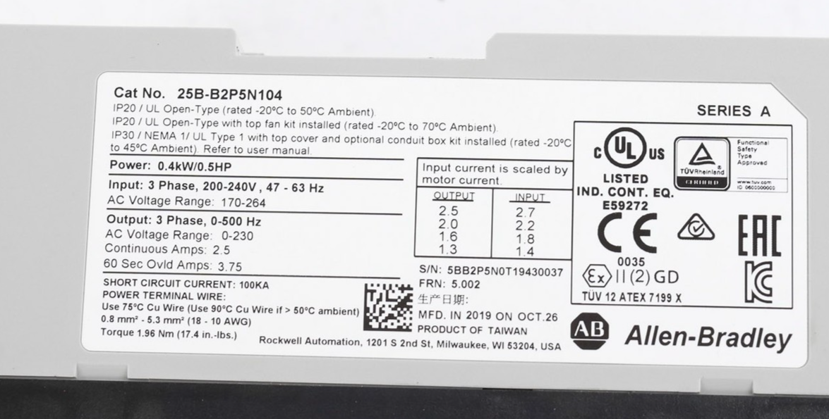Allen Bradley 25B-B2P5N104 /A PowerFlex 525 AC Drive 240V 0.5HP 0.4kW 2.5A