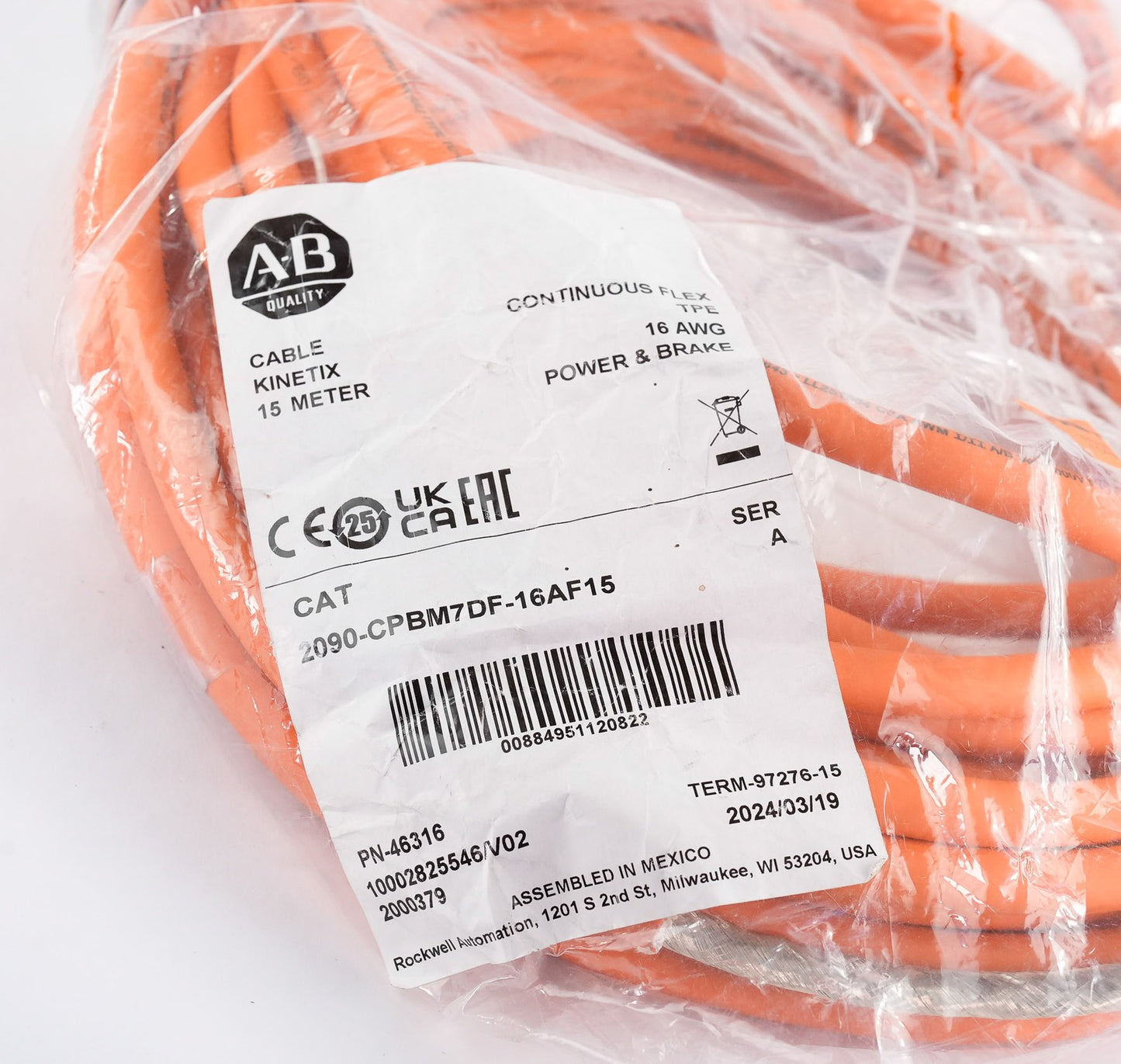Allen Bradley 2090-CPBM7DF-16AF15 /A 15m Power Motor Cable 2090CPBM7DF16AF15