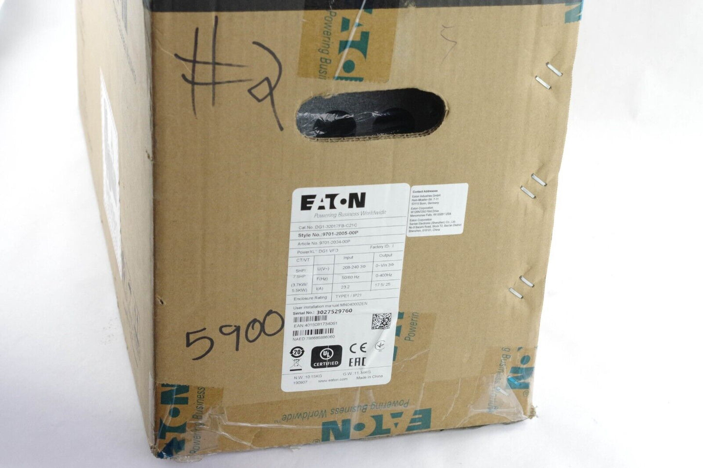 Eaton DG1-32017FB-C21C 5.0 HP DG1 Series VFD POWERXL 9701-2005-00P 240V Open Box